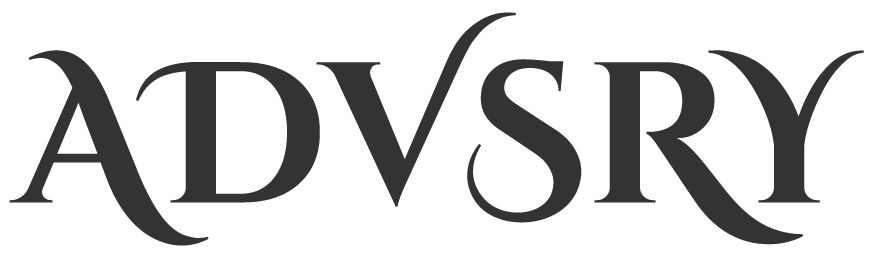 ADVSRY wordmark logo in dark gray with curved flourishes.